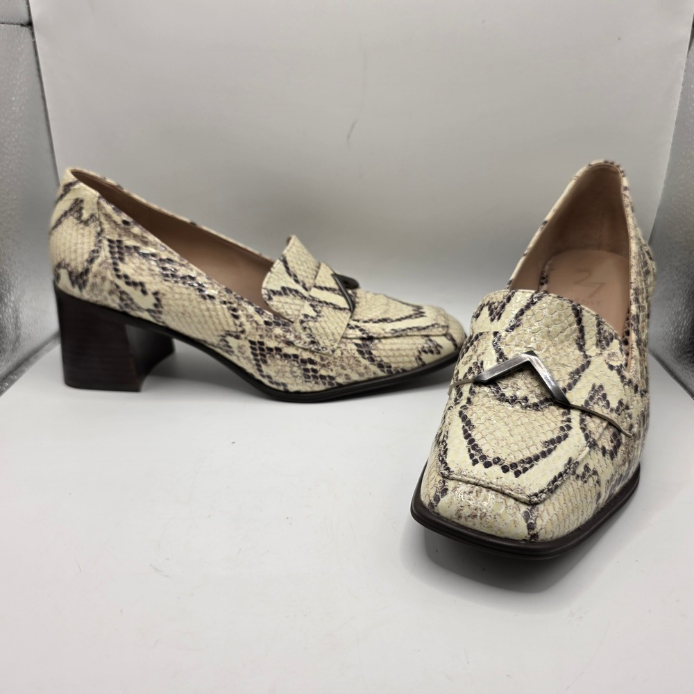 27 EDIT Naturalizer Tayla Snakeskin Leather Block Heel Loafers Cream Black 7.5M